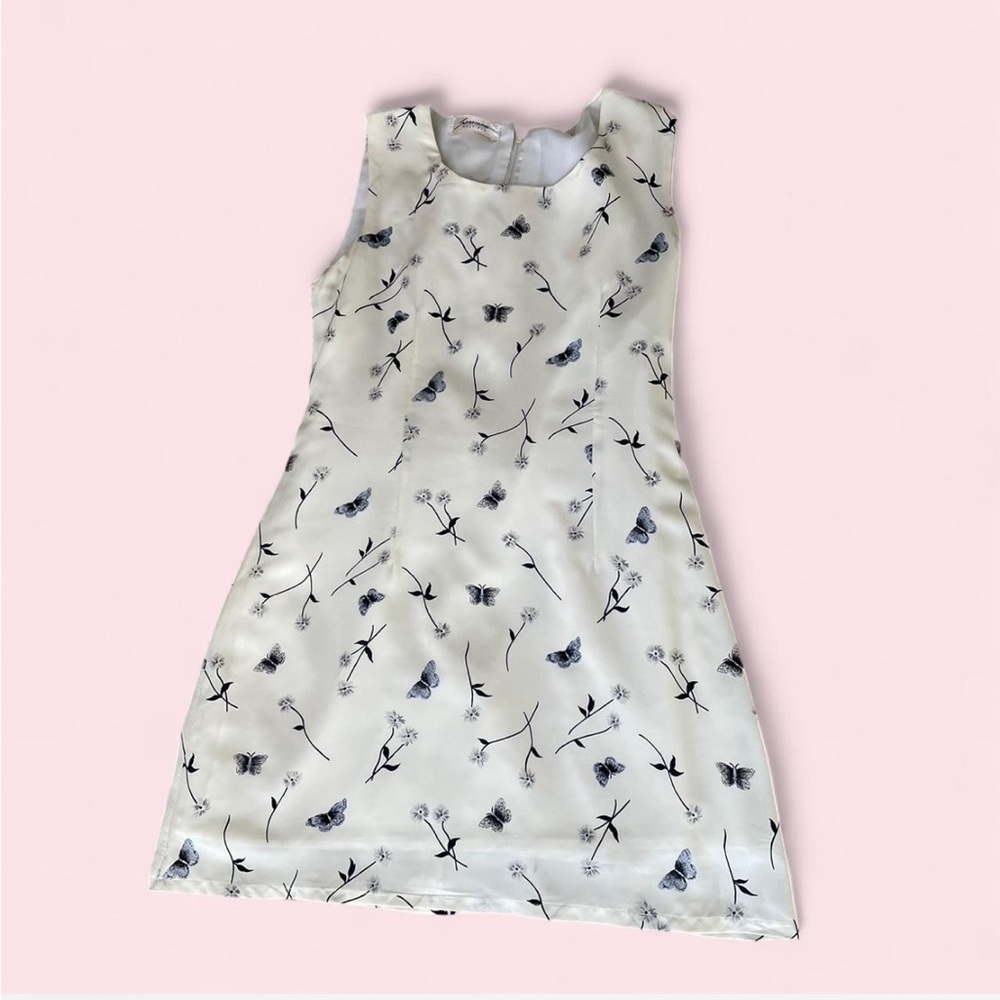 Vintage White Navy Butterfly Print Mini Dress Vintage Shift Slip Dress